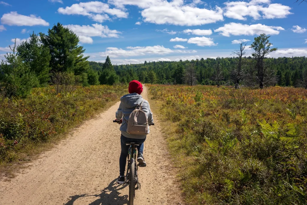 Illustrative cyclist riding a gravel trail through open countryside