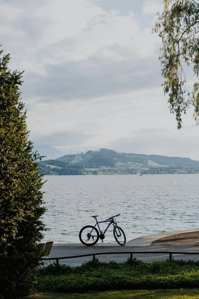 Illustrative mountain bike beside a calm lake and wooded hills