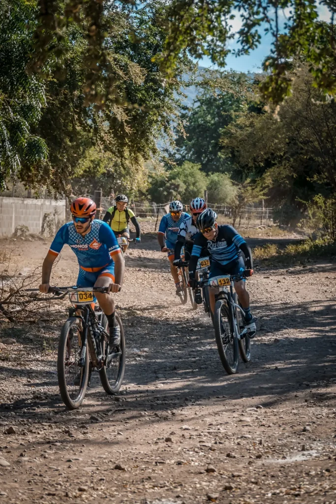 Illustrative mountain-bike riders descending a rough forest trail
